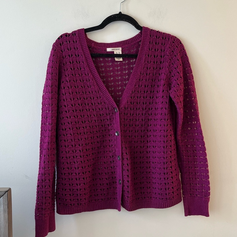 DKNY Purple Knit Crochet Cardigan